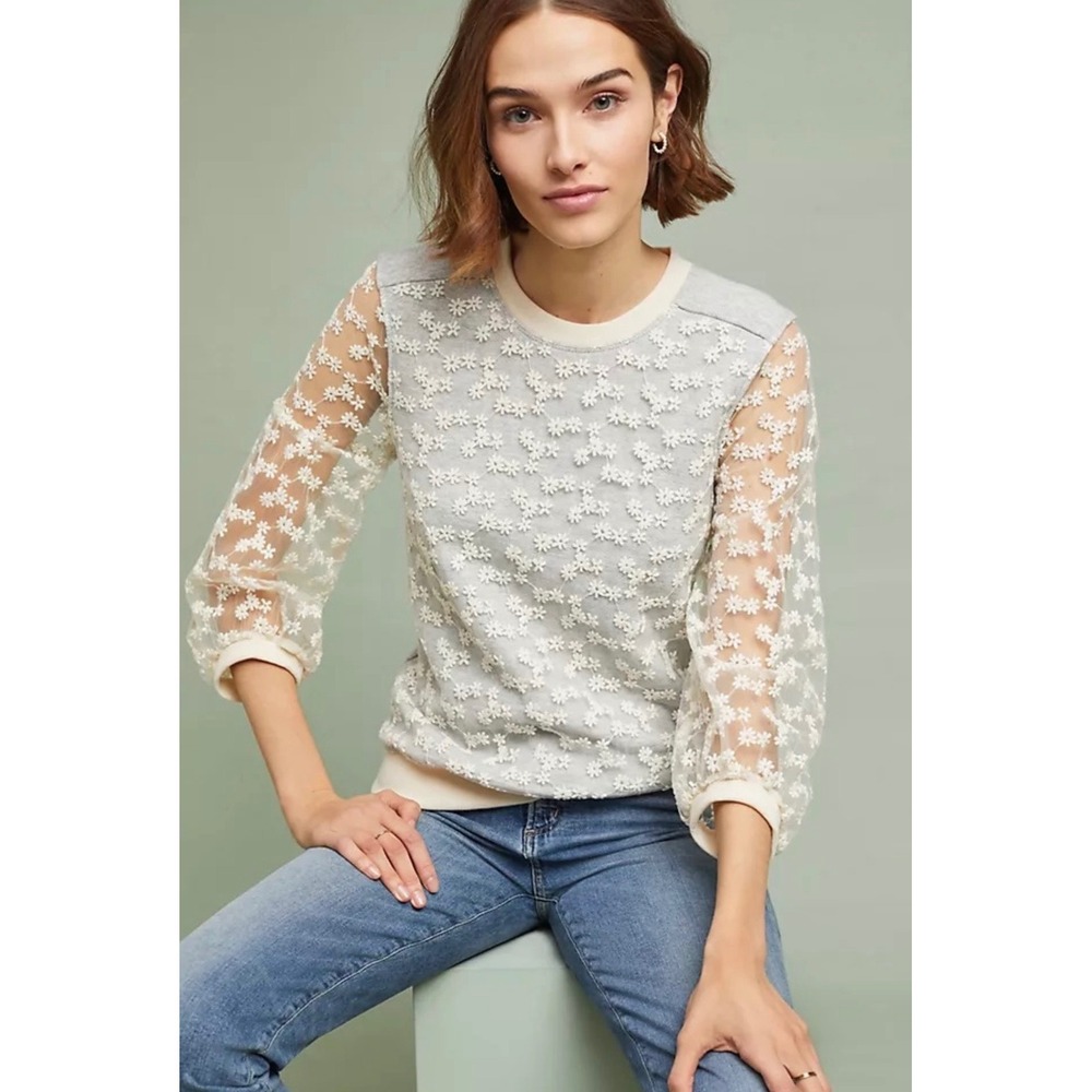 Anthropologie Amadi Daisy Lace Sheer Sleeves Sweatshirt Size Small